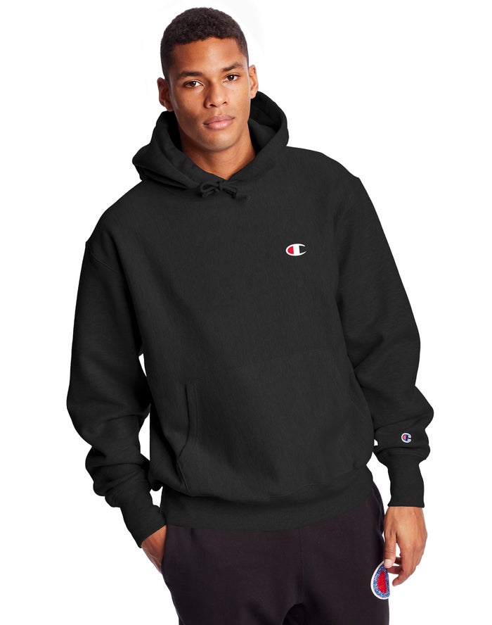 Champion Mens Hoodie NZ - Reverse Weave C Logo Black ( 9453-GAWXJ )